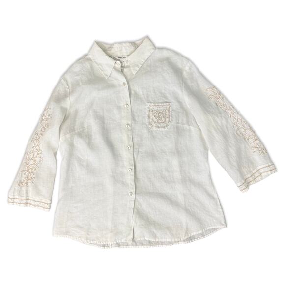 Vintage White Irish Linen Beaded Long Sleeve Button Up Blouse XL Richard Malcolm - Picture 8 of 9